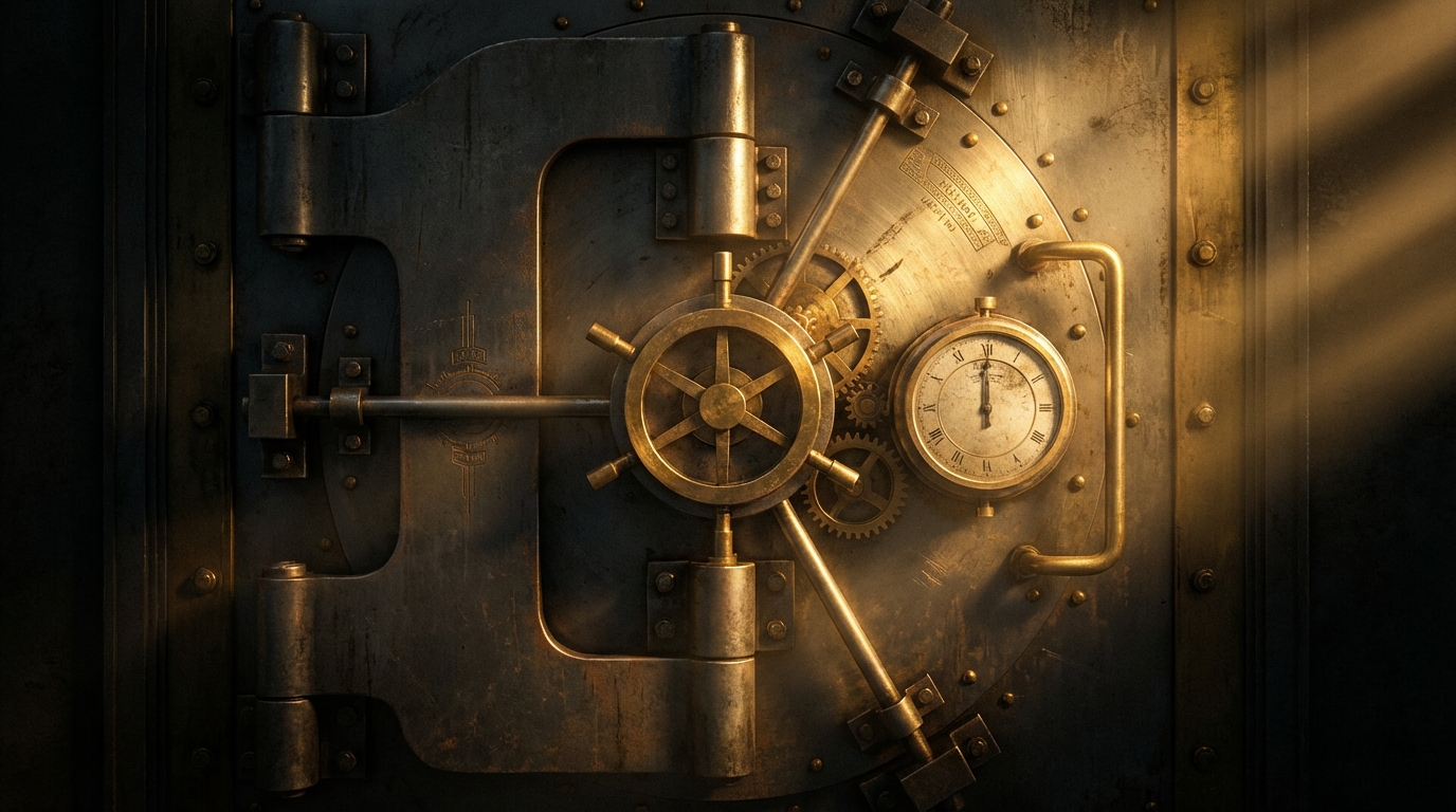 Cinematic dark photography of an antique bank vault door, gold lighting, shadows, dramatic atmosphere, high contrast, 8k