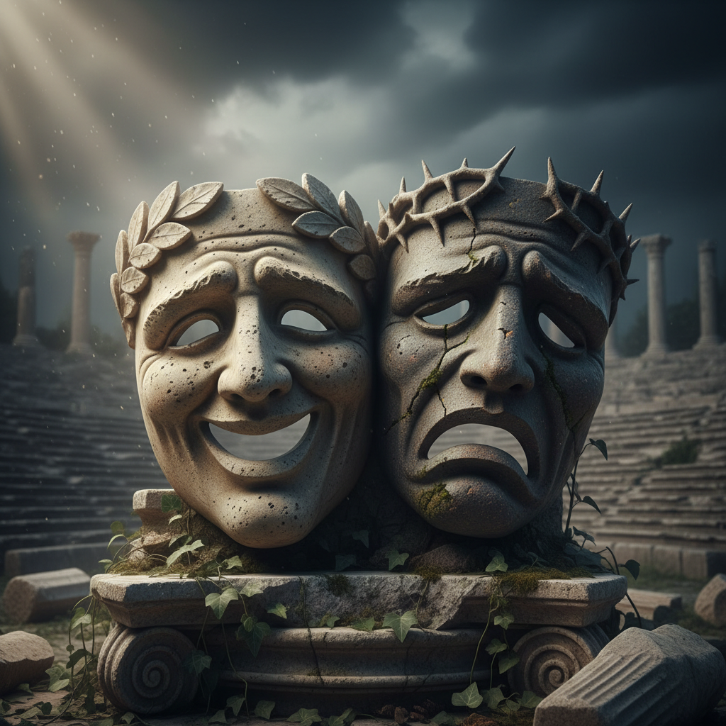 ancient greek theater masks comedy and tragedy, stone texture, dramatic lighting