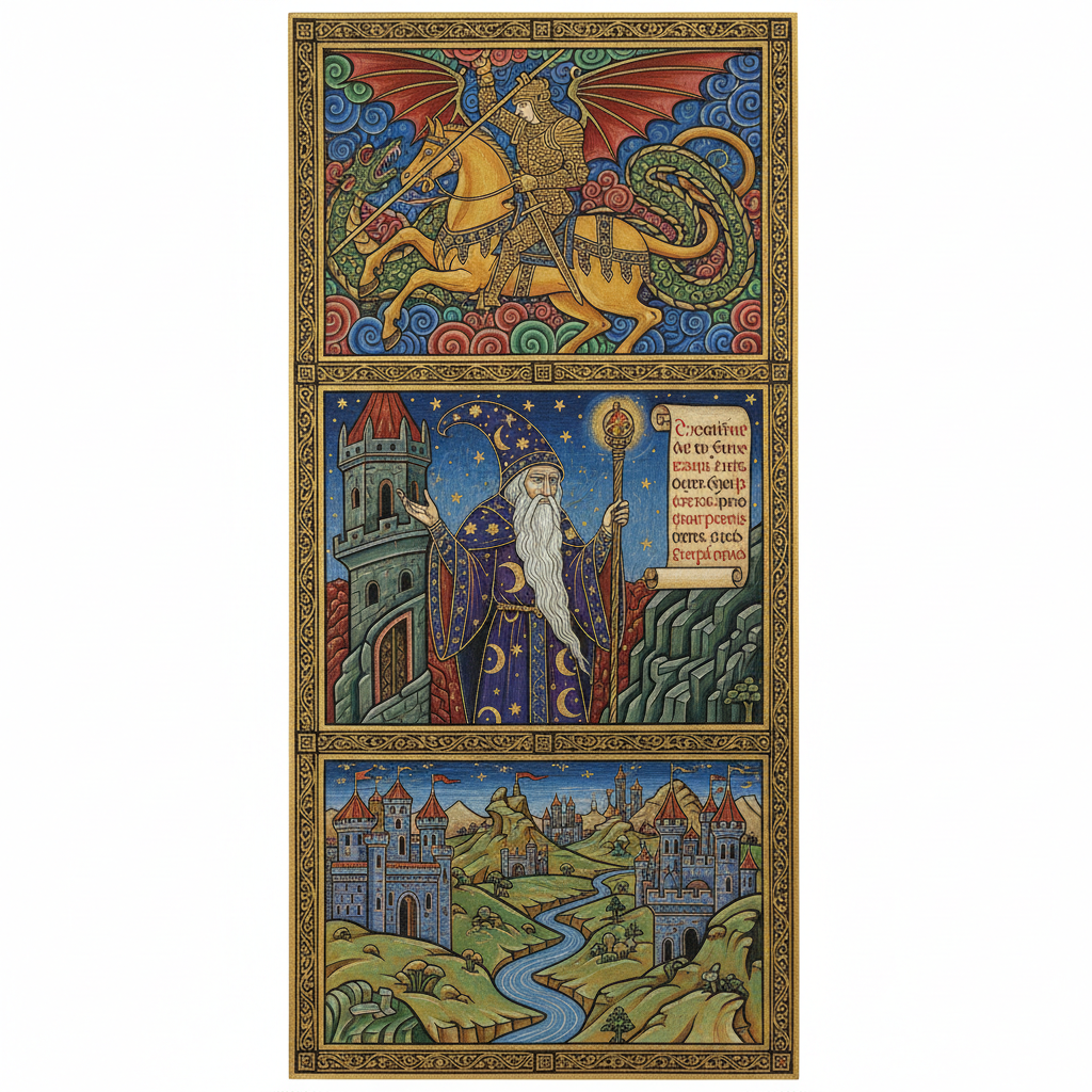 visual collage of a hero fighting a dragon with a wizard watching, medieval manuscript illumination style, flat perspective, gold leaf accents
