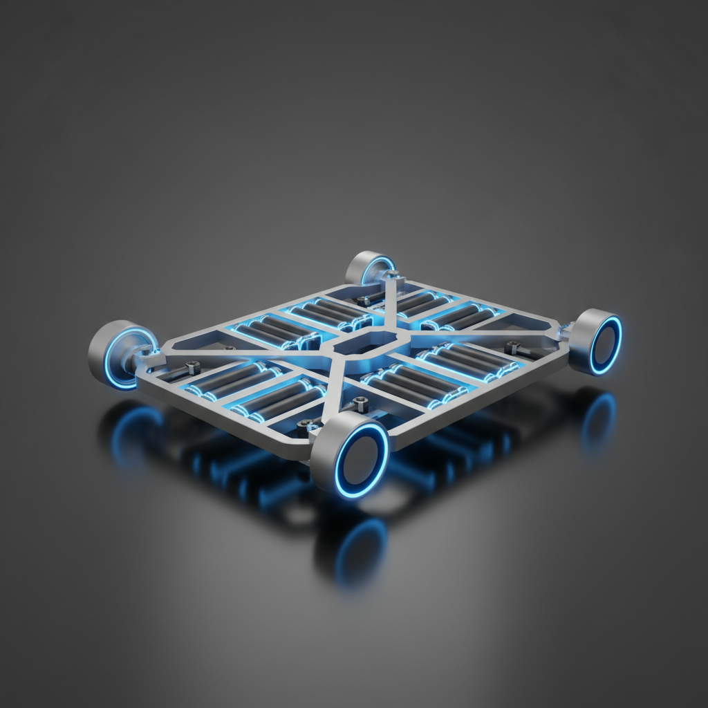 Minimalist icon or 3D render of a BEV battery skate platform chassis, neon blue glowing battery cells
