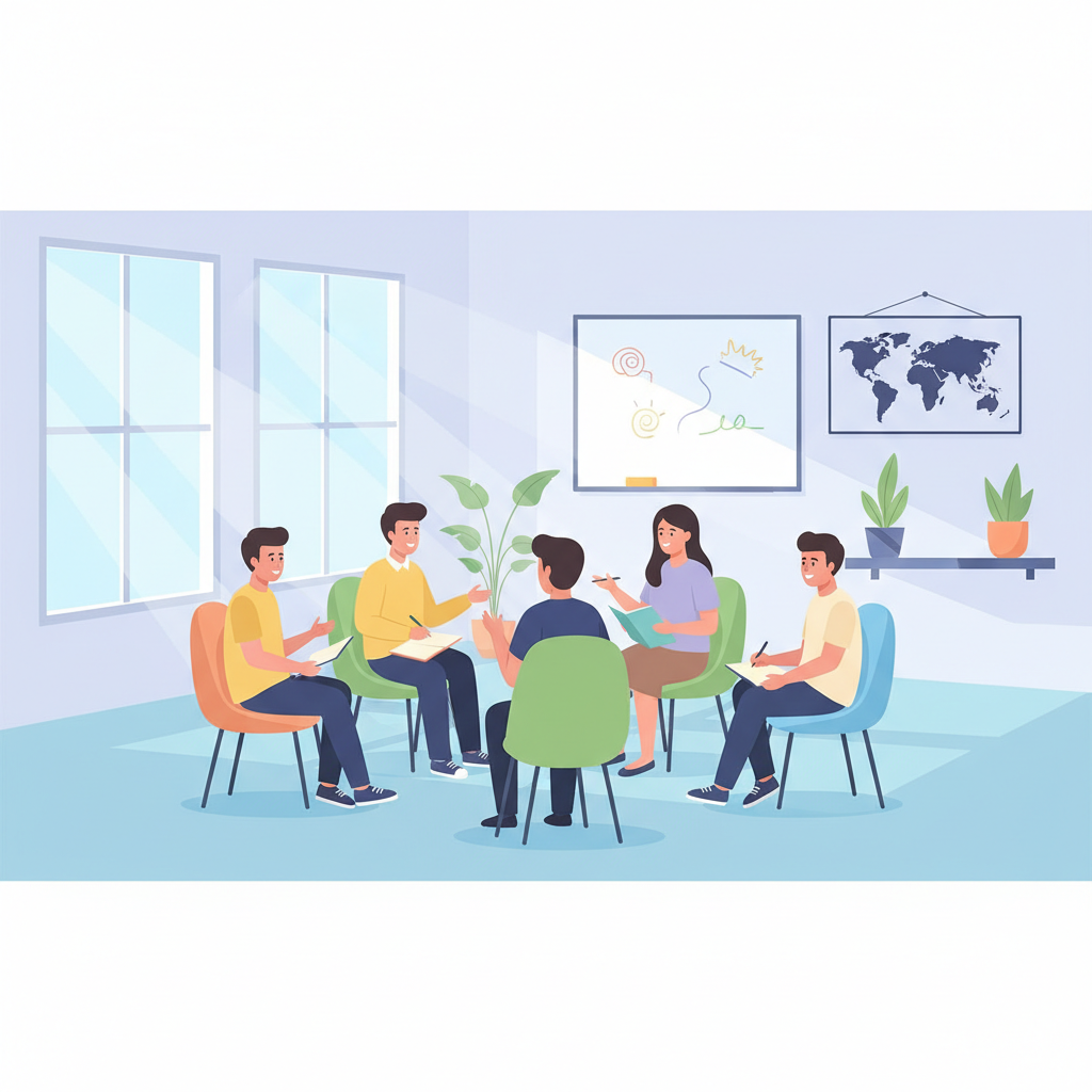 Teens sitting in a circle of chairs in a bright classroom, discussing peacefully, vector flat illustration style
