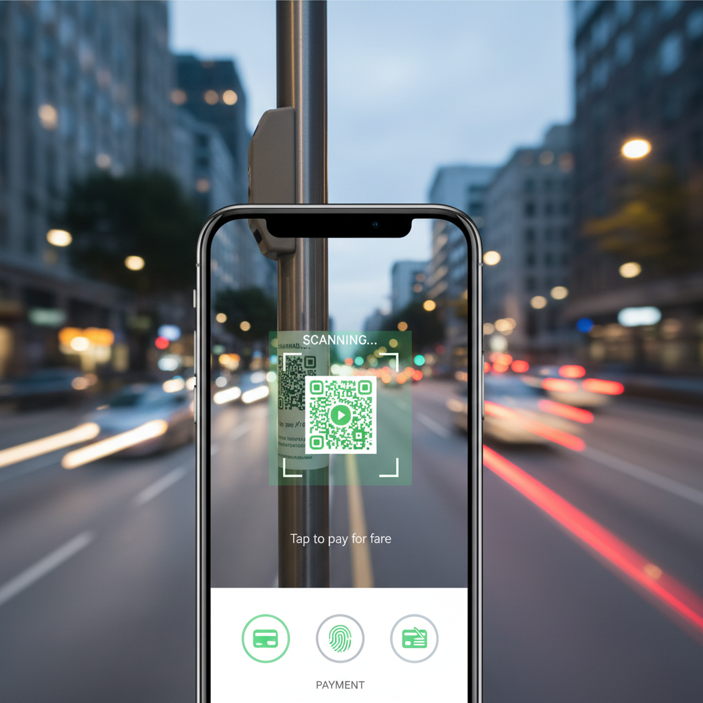 A video thumbnail image showing a point-of-view shot of a smartphone scanning a QR code on a bus, with a blurred city street in the background. High quality UI overlay.