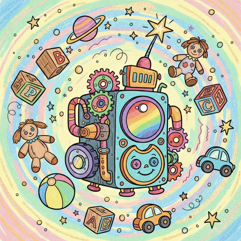 A colorful cartoon time machine surrounded by floating toys like blocks, balls, and dolls, cute 2nd grade art style, bright colors