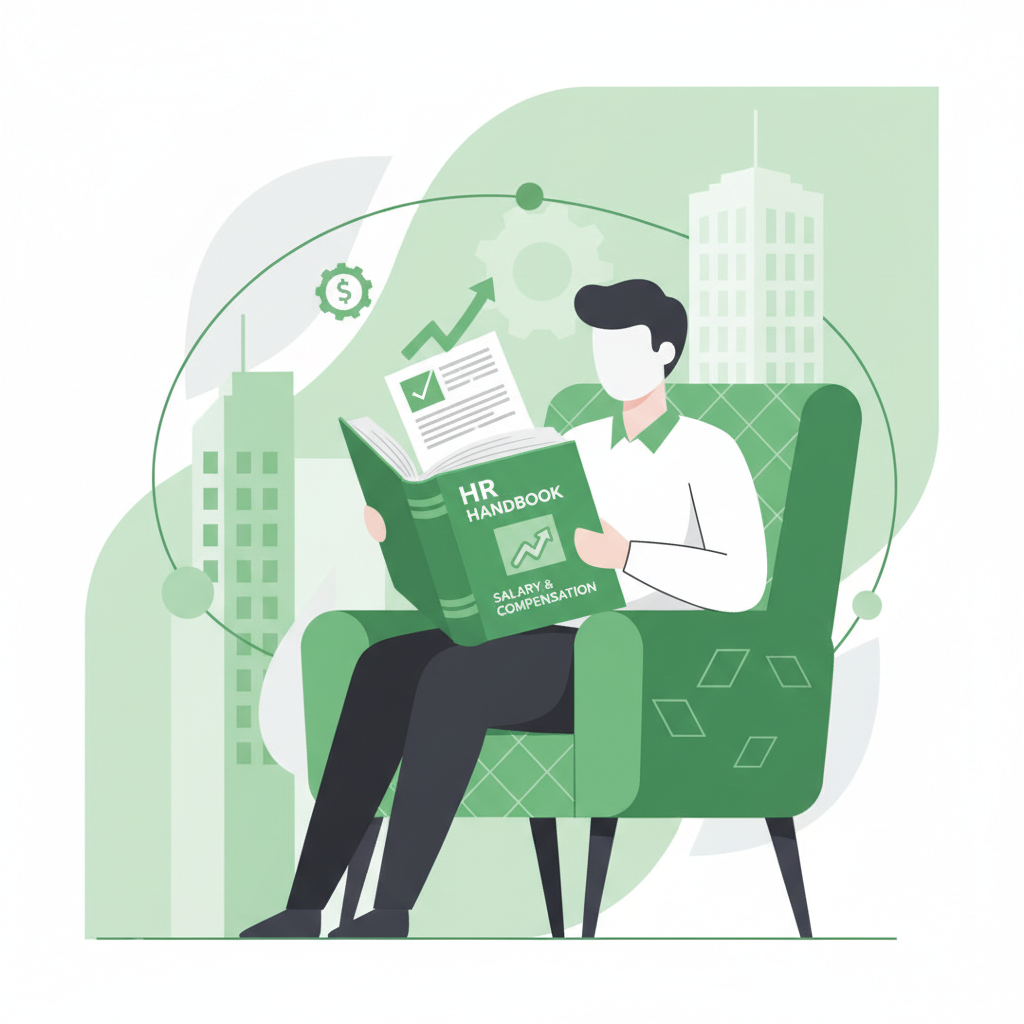 vector illustration of a person reading an HR handbook or contract about salary, corporate style, green color accents