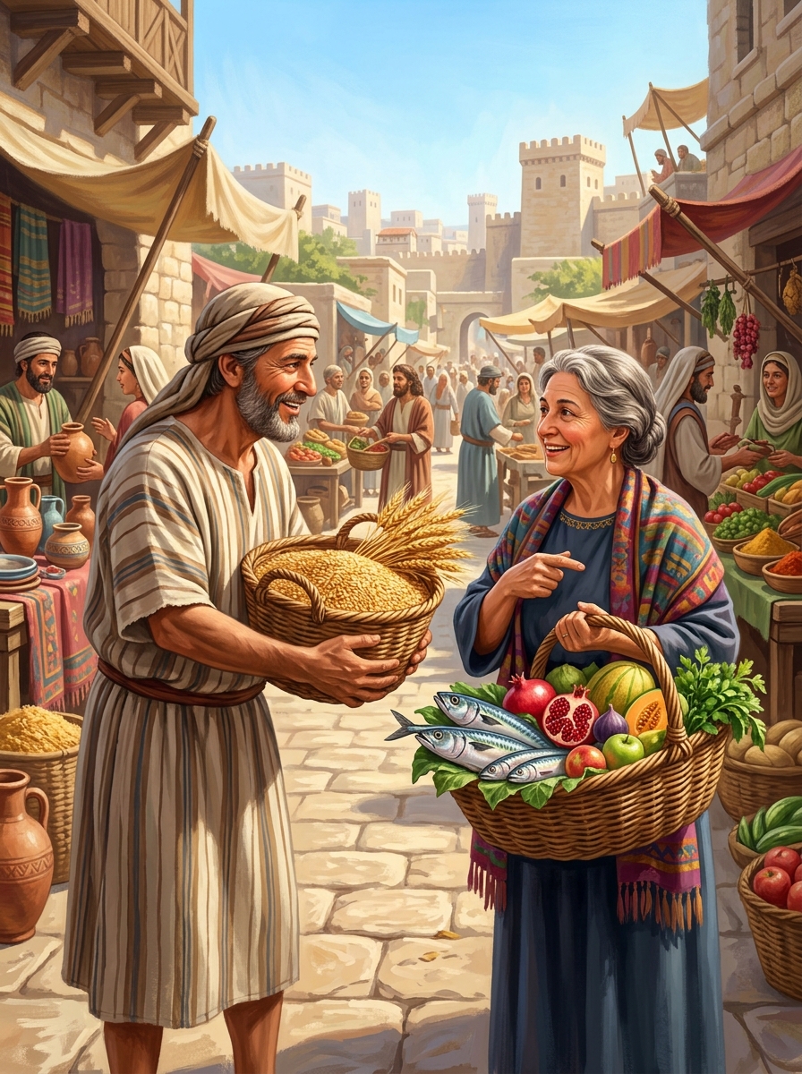 Ancient marketplace trading scene