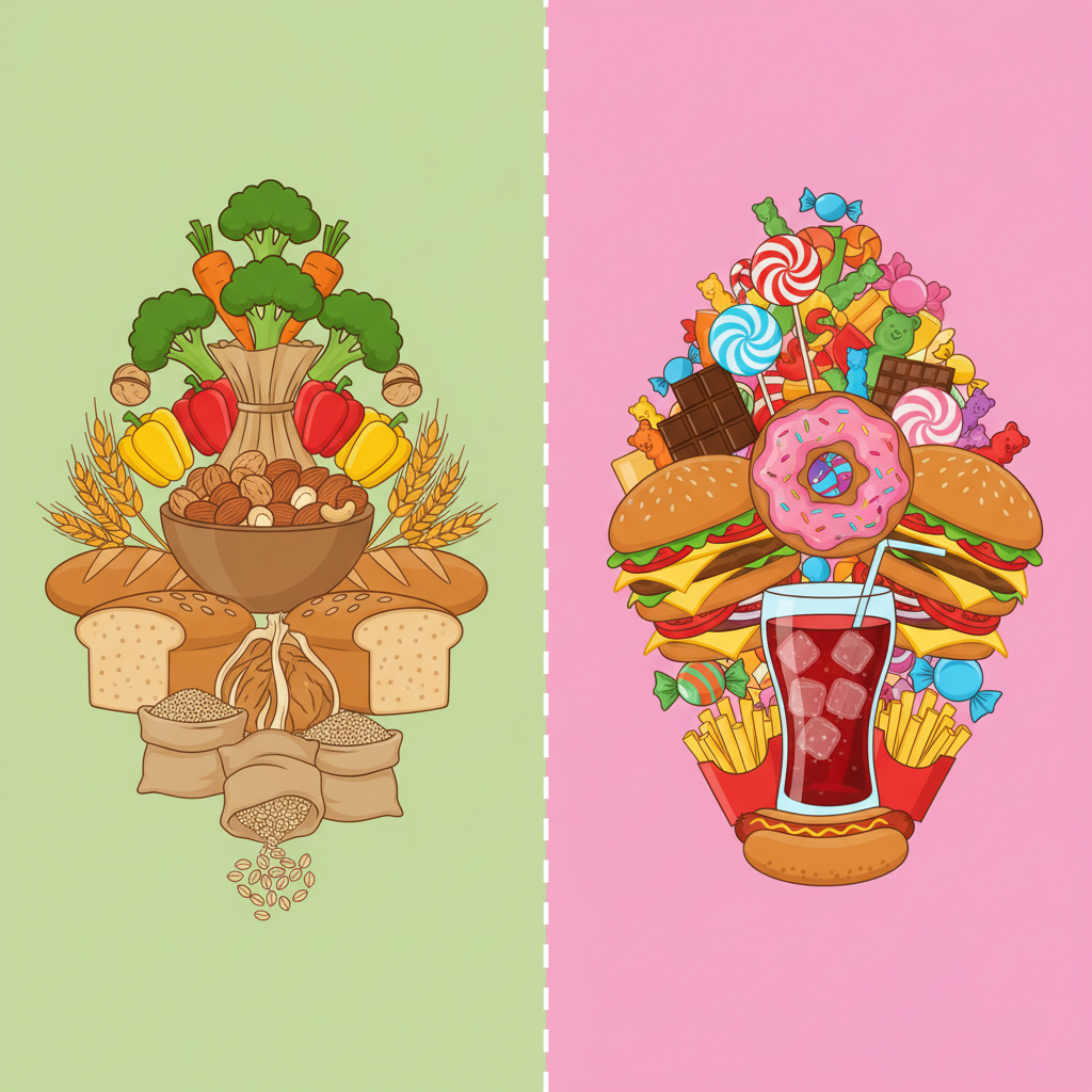 A symmetric illustration showing fresh vegetables, nuts, and whole grains on the left side, and colorful candy, burgers, and soda on the right side, divided by a line, clean vector style