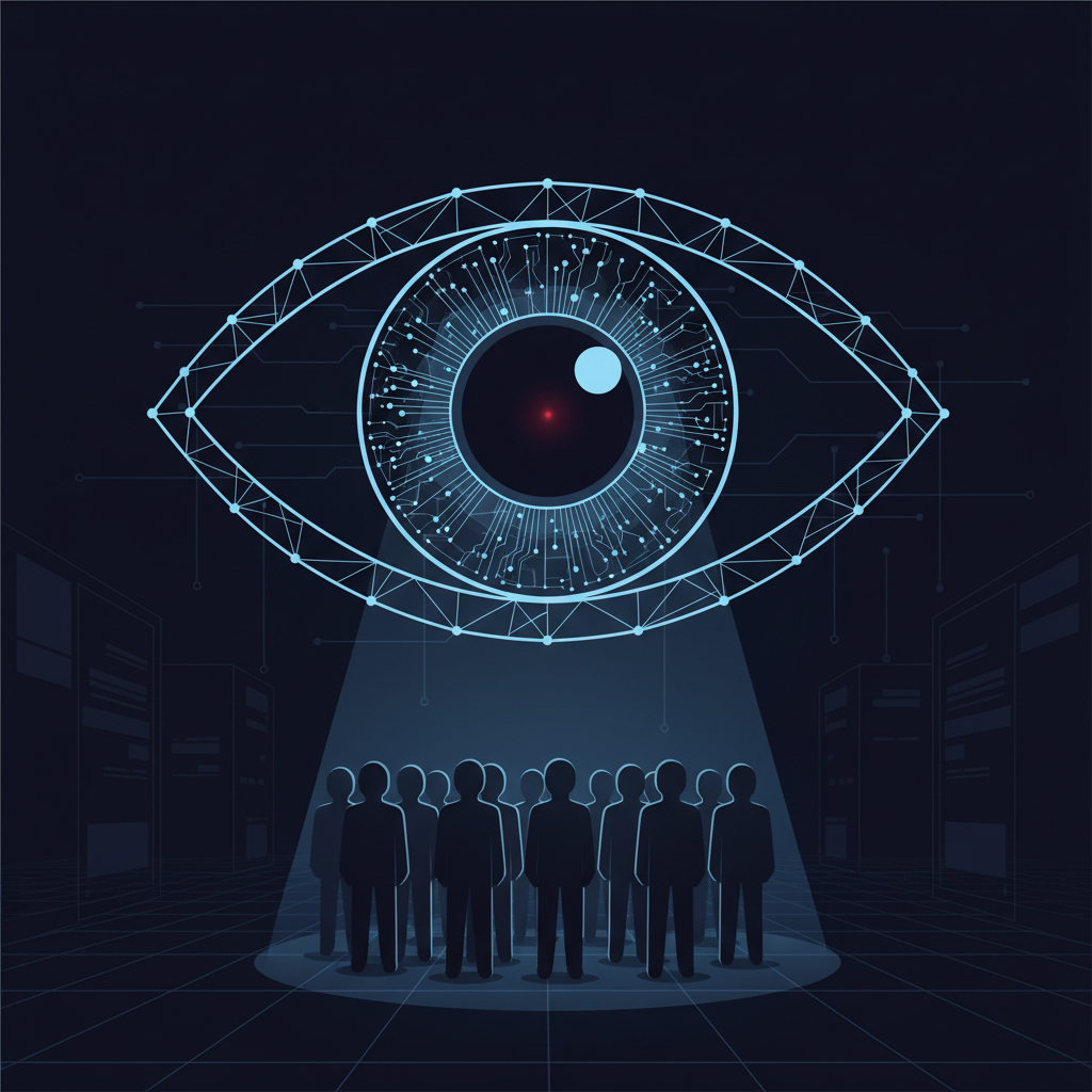 minimalist graphic design of a giant digital eye watching a crowd, dark tech surveillance aesthetic, panopticon metaphor