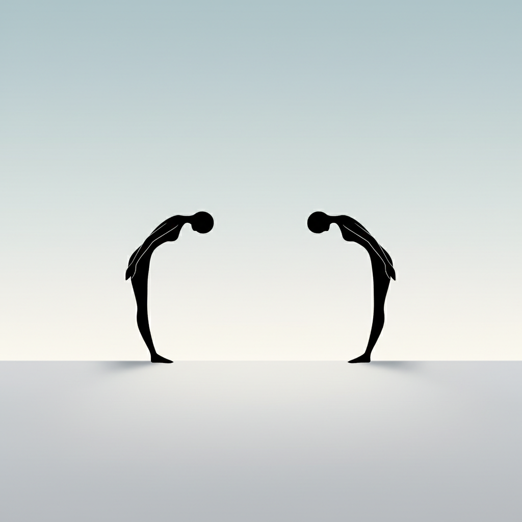 illustration of two people standing far apart bowing slightly minimal style