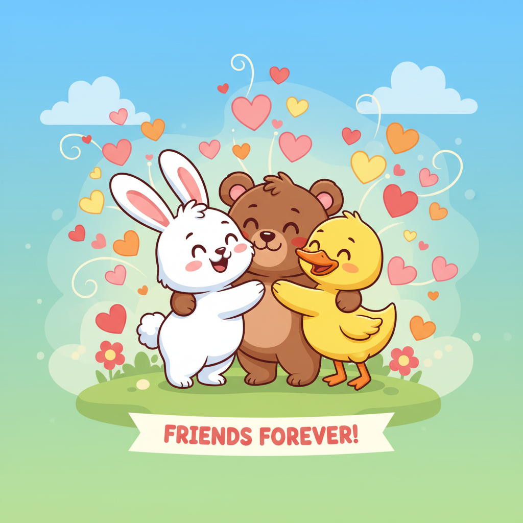 Cartoon bunny hugging a cartoon bear and a cartoon duck, all smiling, hearts floating around, friendship theme, bright colors
