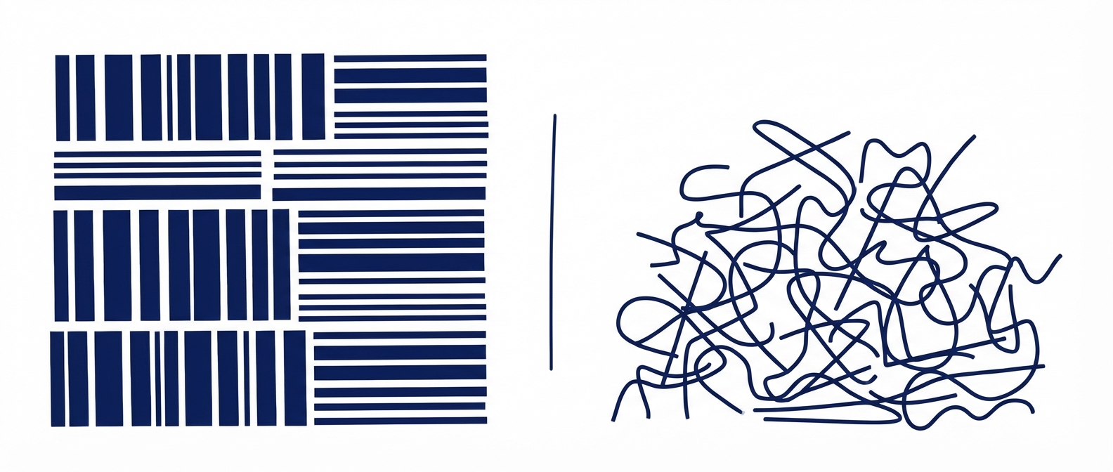 Comparison illustration: Left side neatly stacked bricks or lines (representing saturated fat structure), Right side chaotic unorganized pile of bent lines (unsaturated fat). Minimal abstract style, dark blue ink, white background.
