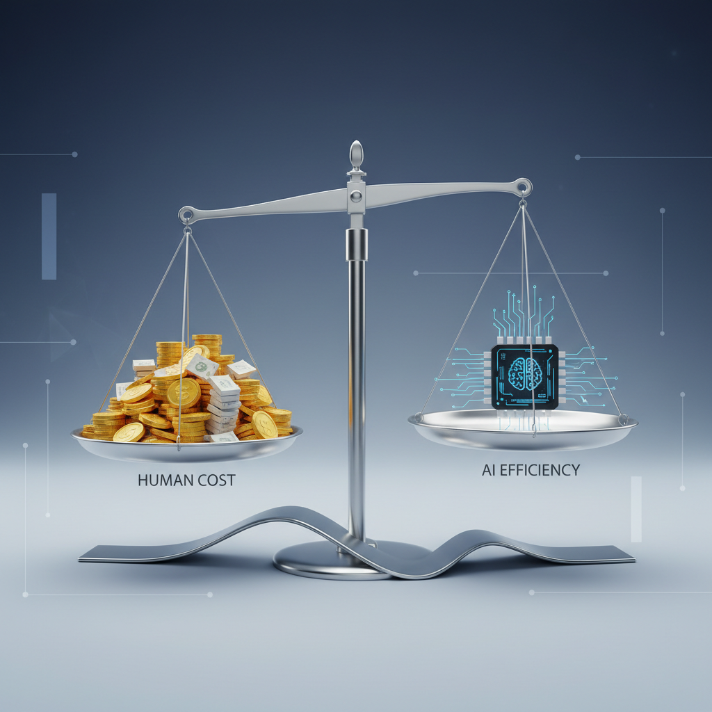Concept art of financial balance, scales weighing a large pile of money against a microchip, representing cost efficiency of AI vs humans, minimalist style, 3d render