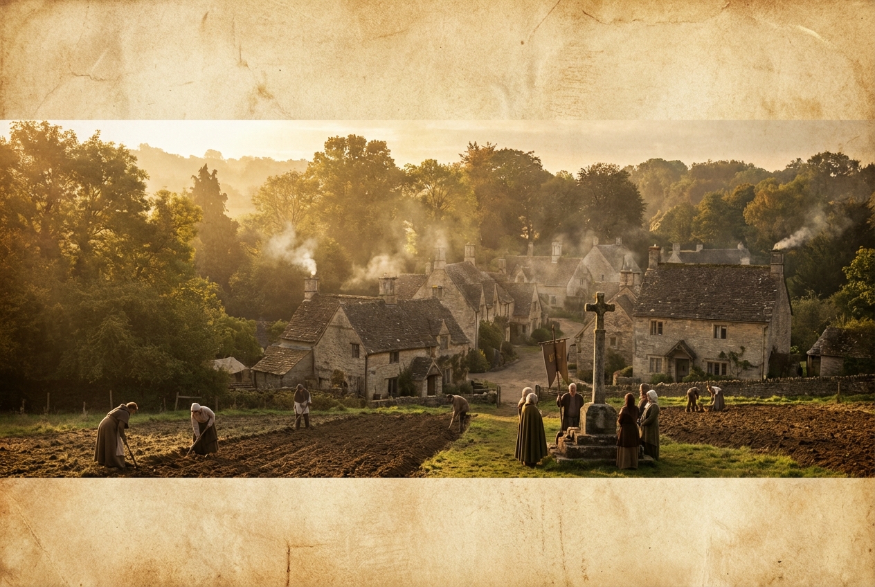 Peaceful landscape of a medieval village at sunrise after the plague, hopeful atmosphere, parchment texture