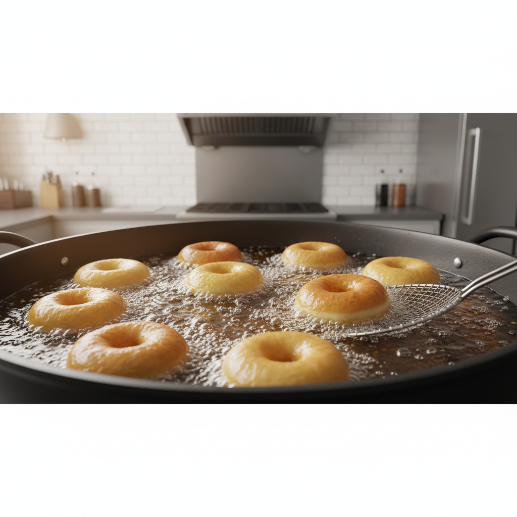 Donuts frying in hot oil golden brown bubbling surface kitchen view