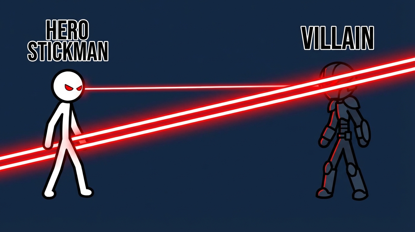 Two bright red laser beams shooting from the Hero stickman's eyes across the screen towards the Villain. High contrast animation style.
