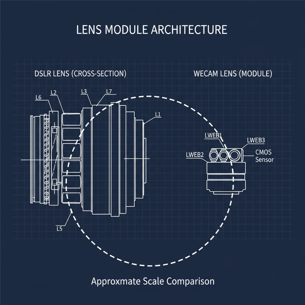 technical diagram comparing a large DSLR lens cross-section vs a tiny webcam lens module, minimalistic technical engineering drawing, blueprint style, white lines on dark blue grid