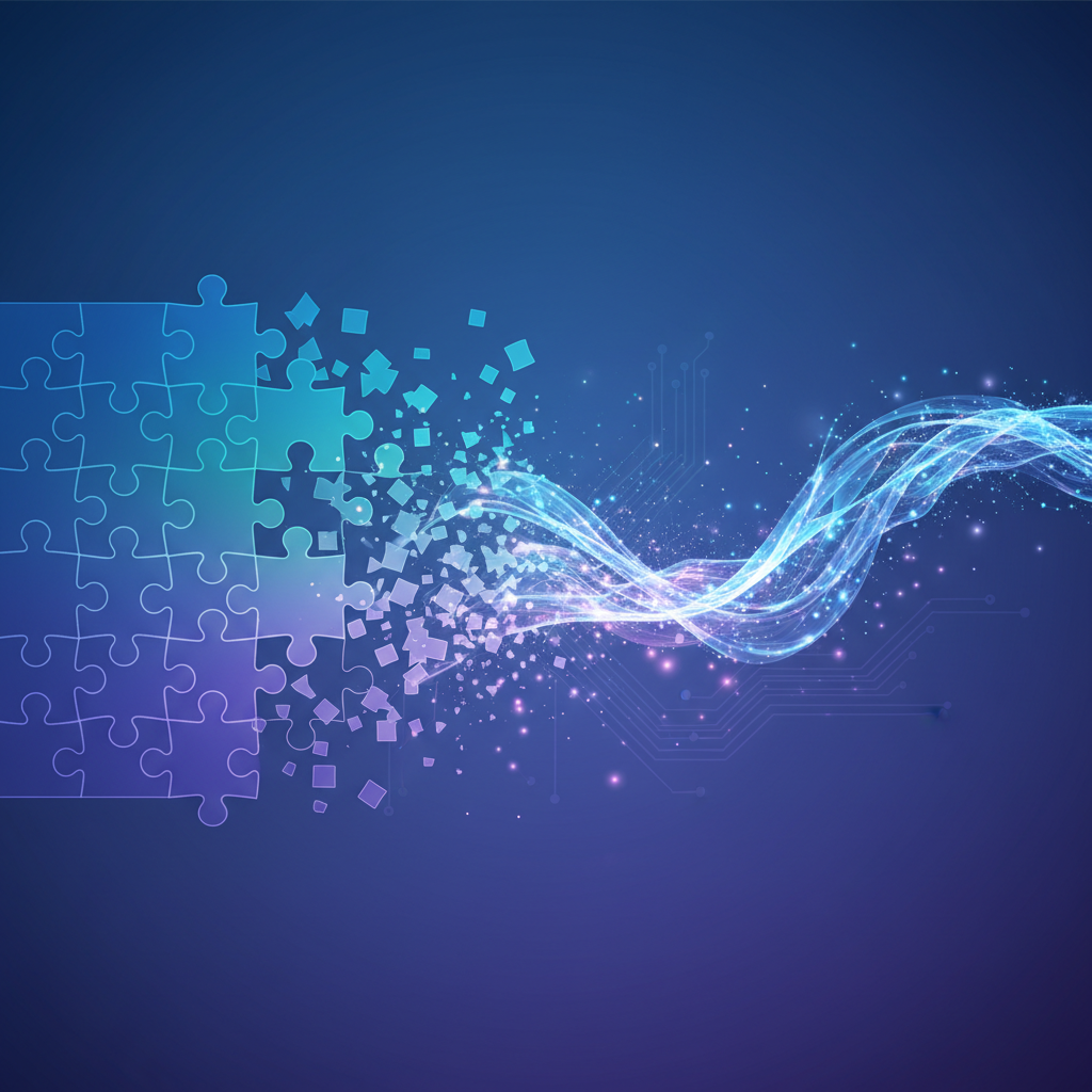 Abstract visual showing puzzle pieces dissolving into a fluid stream, representing the shift from rigid integration to fluid virtualization.