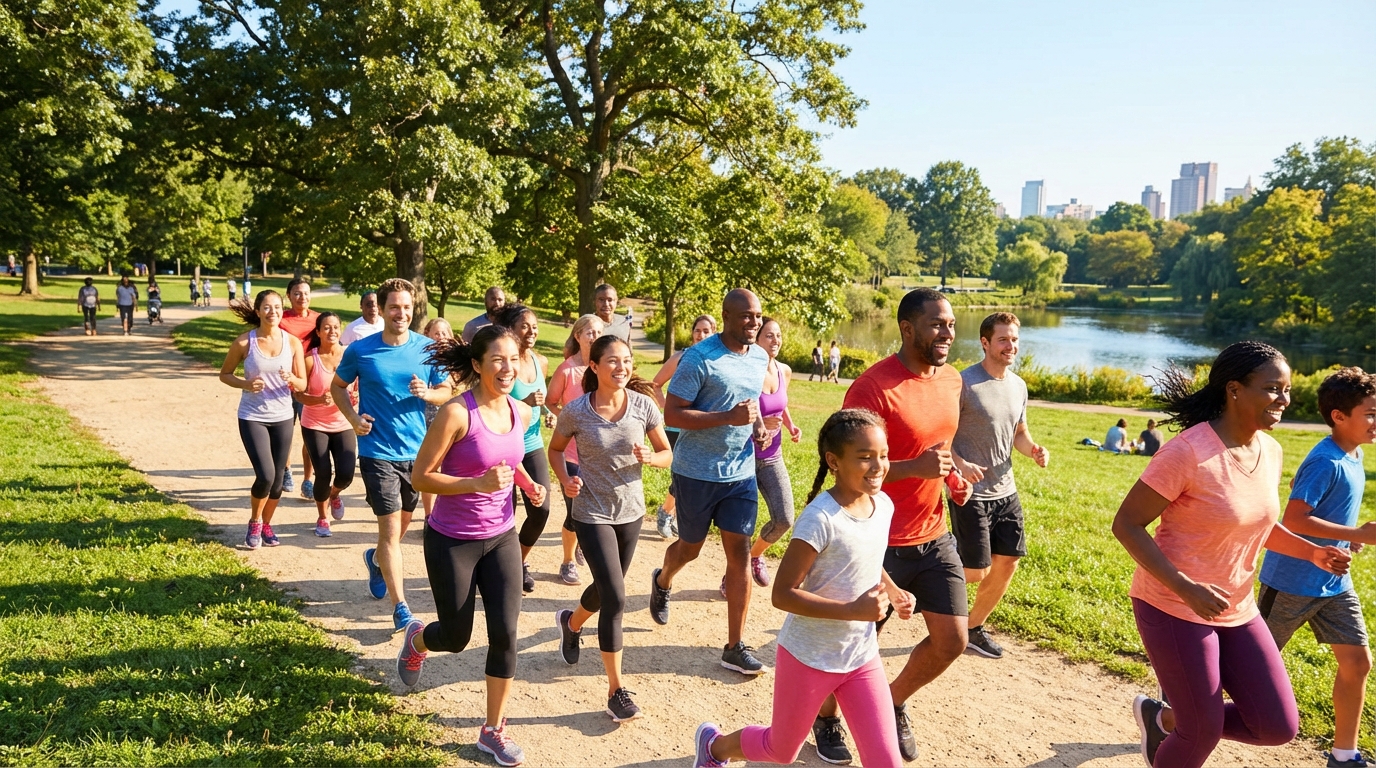 Diverse group of happy people running in a park on a sunny day, vibrant colors, photorealistic, healthy lifestyle