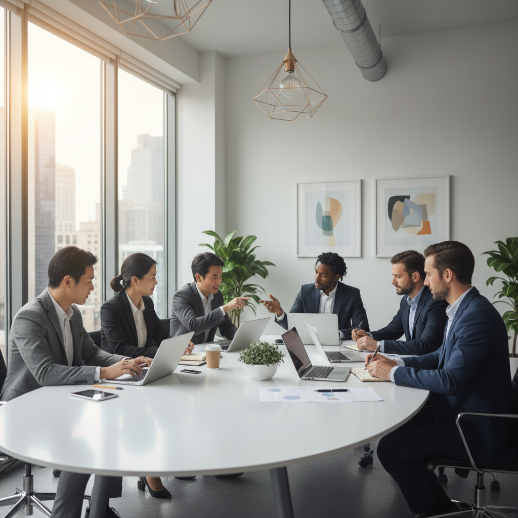 Diverse business team collaborating around a table with laptops, modern bright office, photorealistic