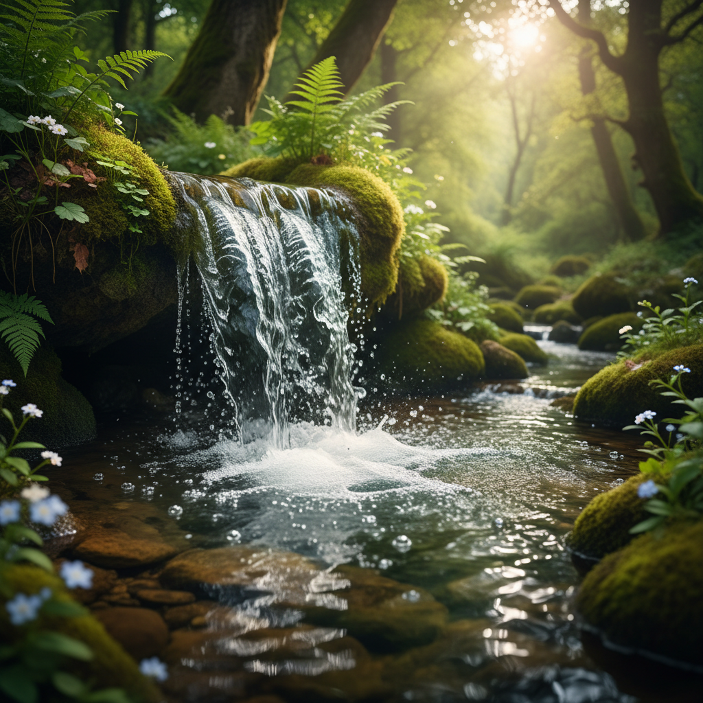 A visually stunning image of a pure, clear water spring bubbling up in a serene nature setting, symbolizing living water and spiritual life. Bright, calm, high quality photographic style.
