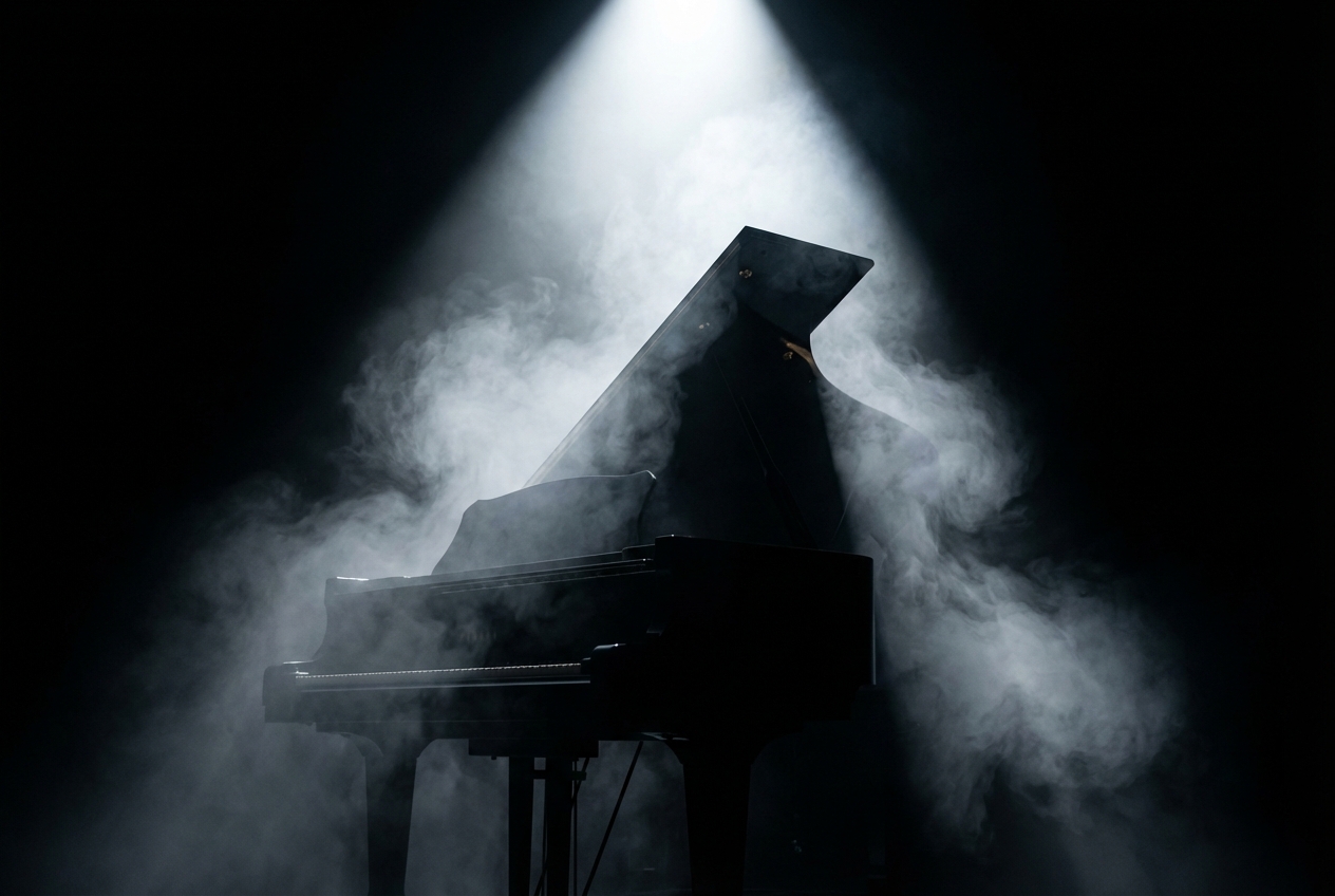 Grand piano with smoke and dramatic spotlight, dark background