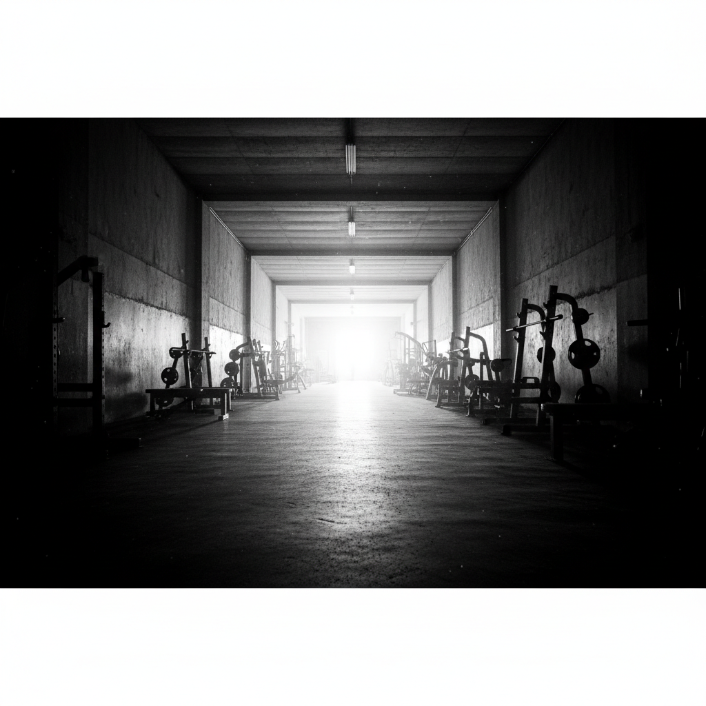 cinematic shot of a gym corridor with light at the end of the tunnel, inspiring and moody, high contrast black and white