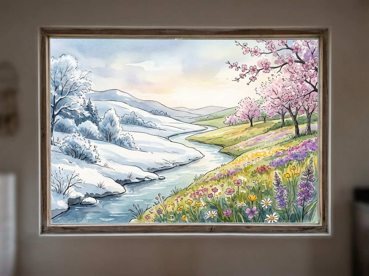 View looking out a window at a landscape that is half snow half blooming flowers, artistic style