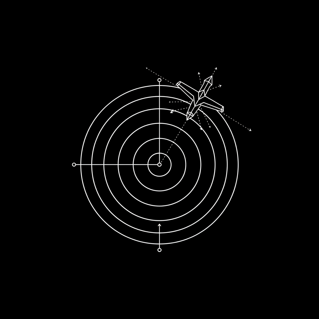 Abstract digital schematic of radar waves detecting an object, white lines on black background, technical drawing style, minimalist
