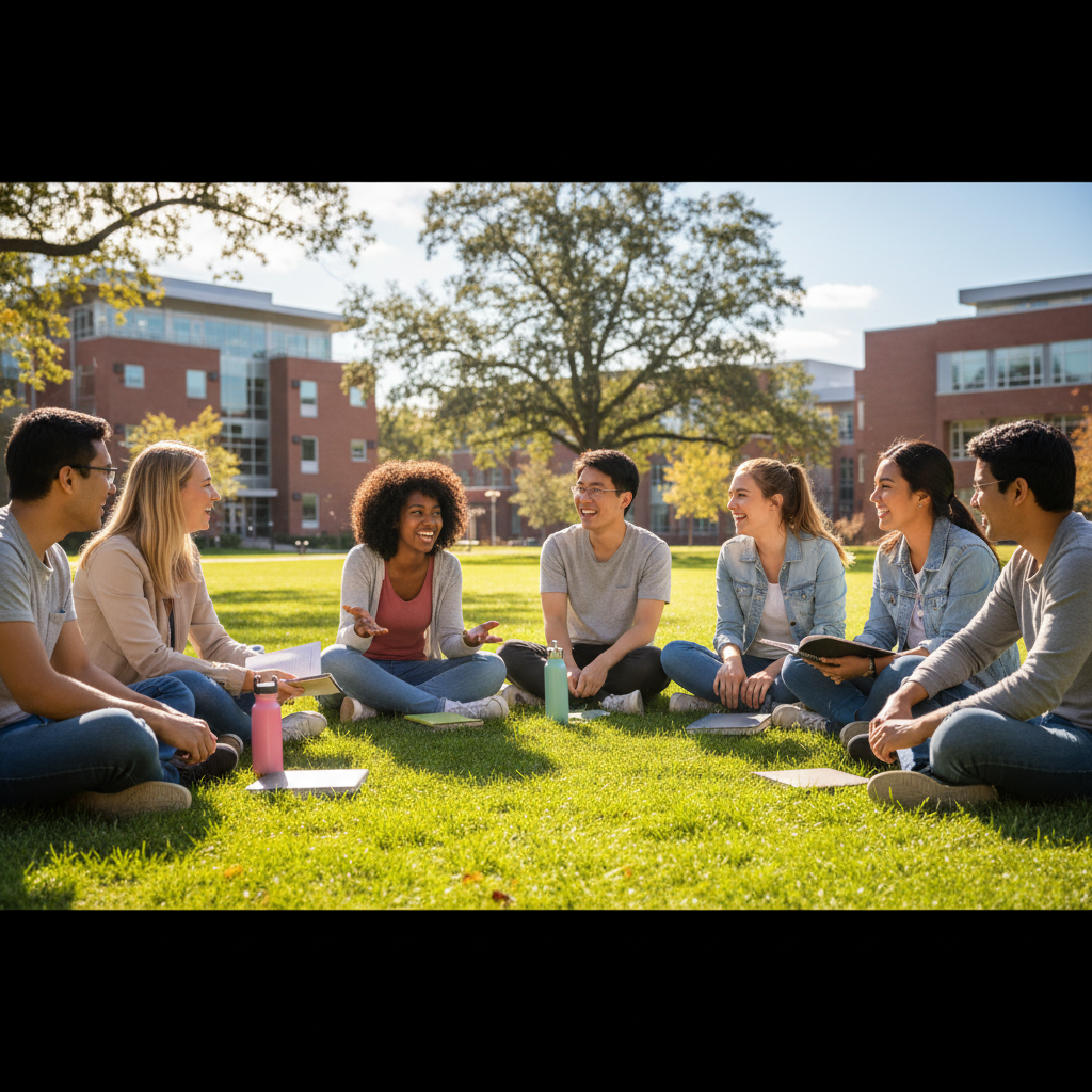 Diverse group of university students sitting in a circle on grass chatting happily on a sunny day