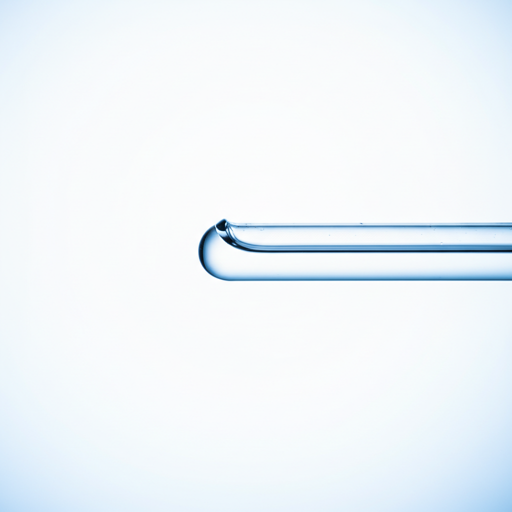 clean scientific close-up photography of water in a glass capillary tube forming a meniscus, laboratory lighting, high definition, blue and white tones