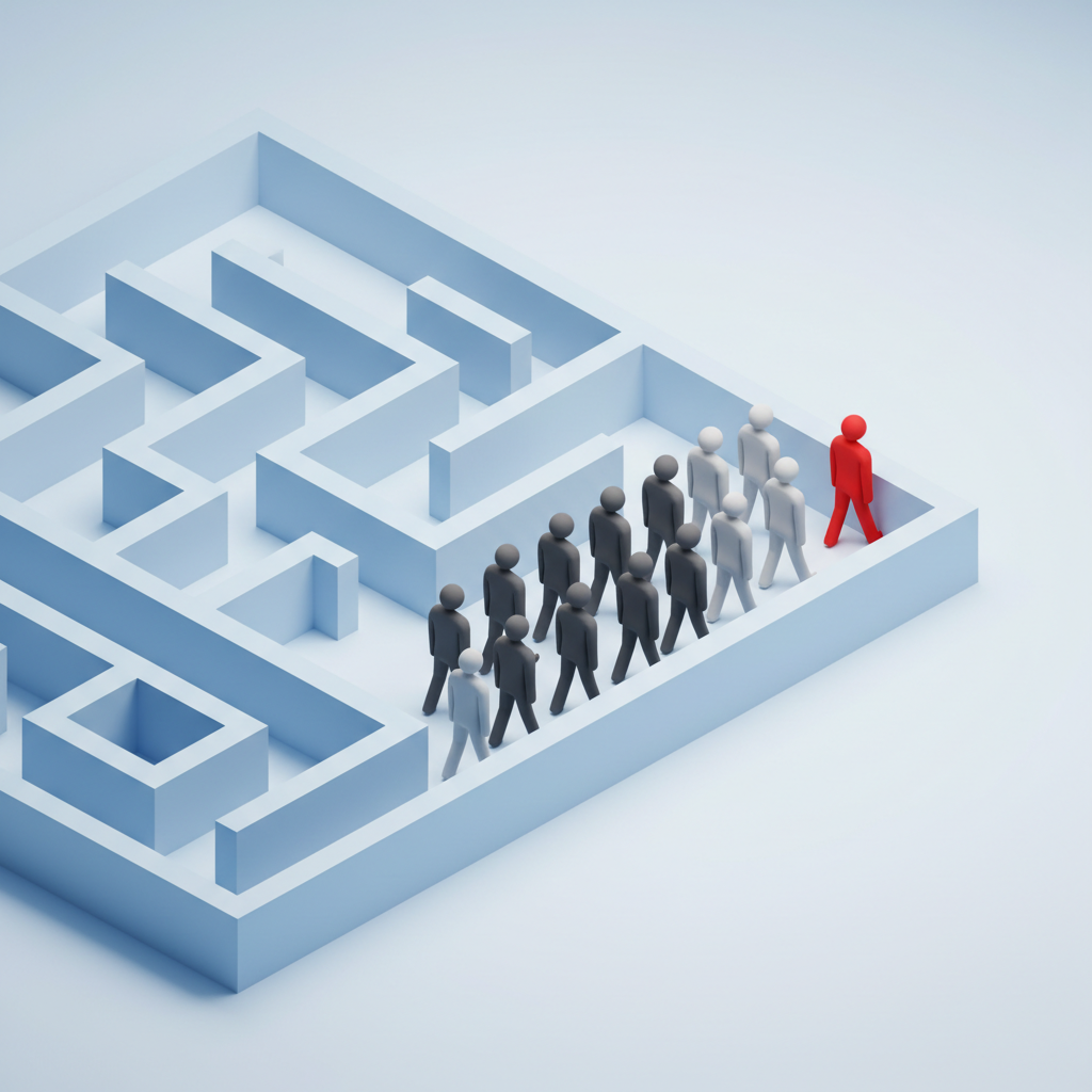 minimalist illustration of one red figure leading a group of grey figures out of a maze, isometric style