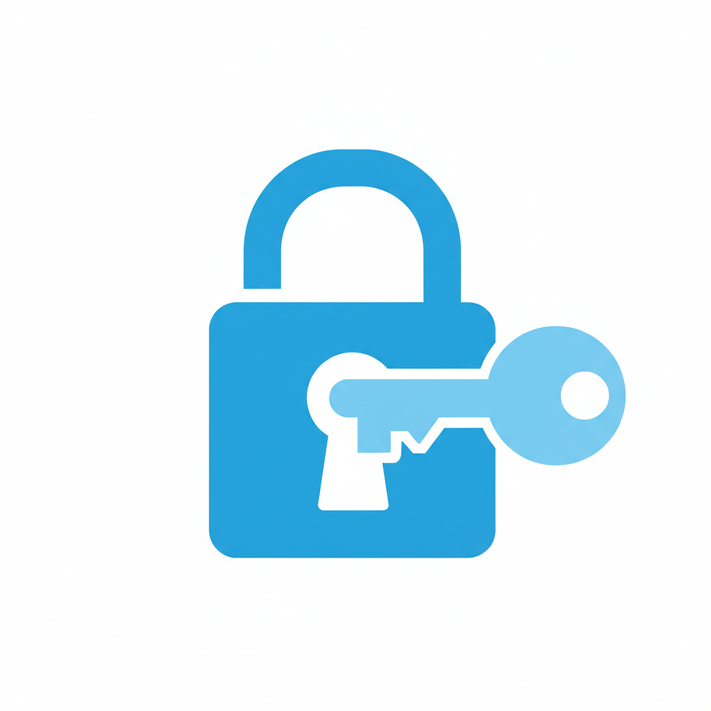 Minimalist icon of a key fitting into a lock, blue and white vector style
