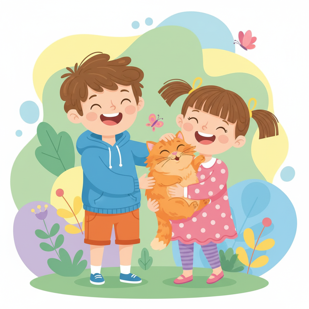 cute illustration of a boy a girl and a cat together, colorful vector style, flat design