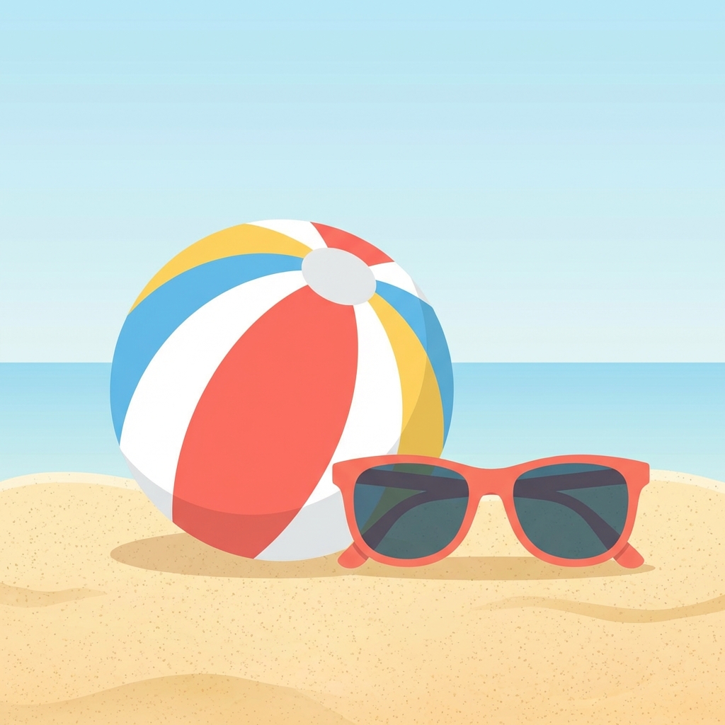 Simple illustration of a beach ball and sunglasses on sand, vector art
