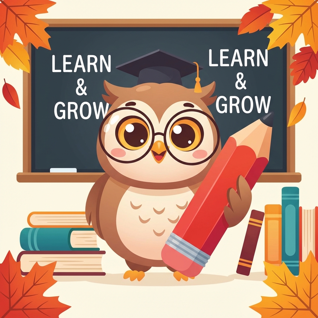 A cute owl wearing glasses holding a pencil, vector illustration, educational mascot