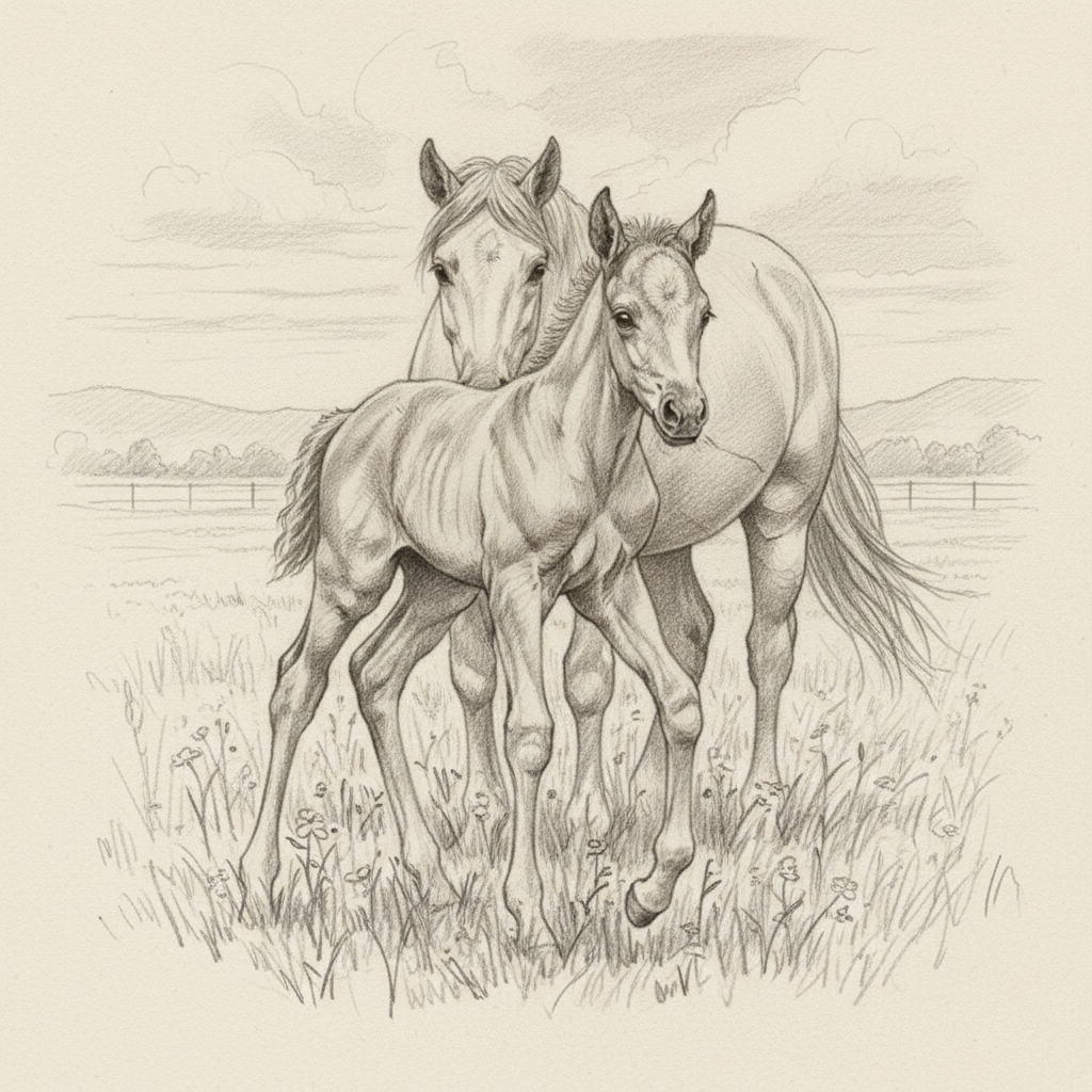 newborn foal standing on shaky legs in a field near a horse realistic pencil drawing style