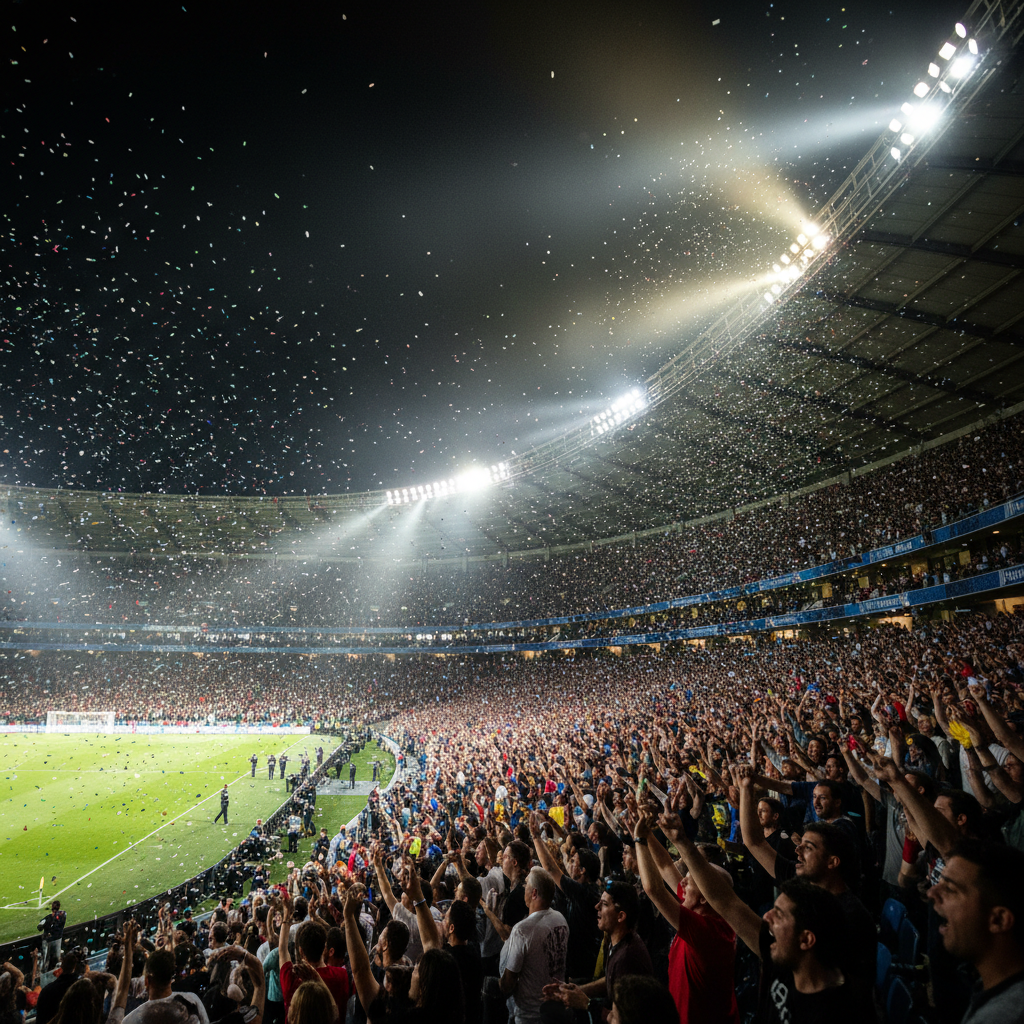 Large cheering crowd at a stadium at night under floodlights, atmospheric