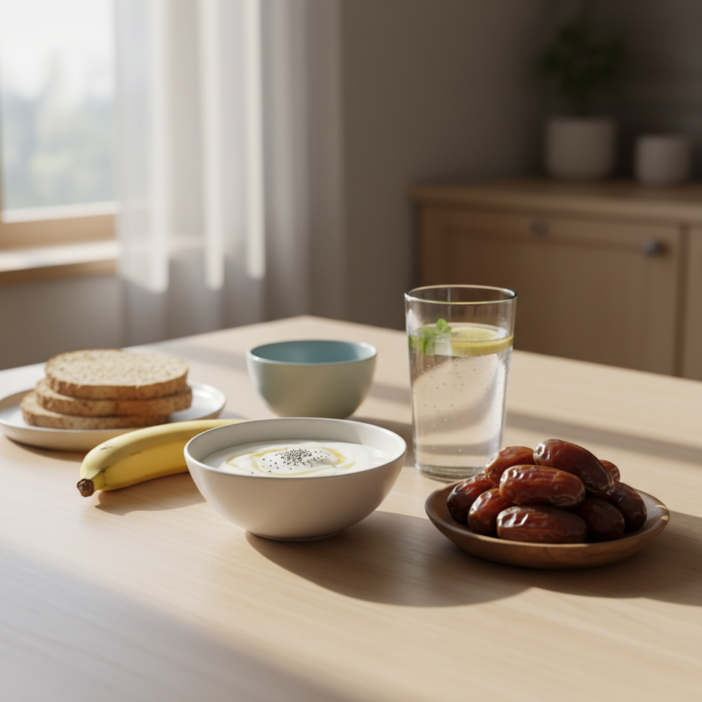 A healthy Suhoor table setting with dates, yogurt, water glass, banana, cinematic food photography, soft morning light
