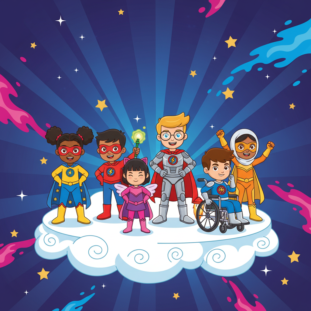 Group of cute diverse cartoon kids dressed as superheroes, standing confidently, bright colors, stars in background