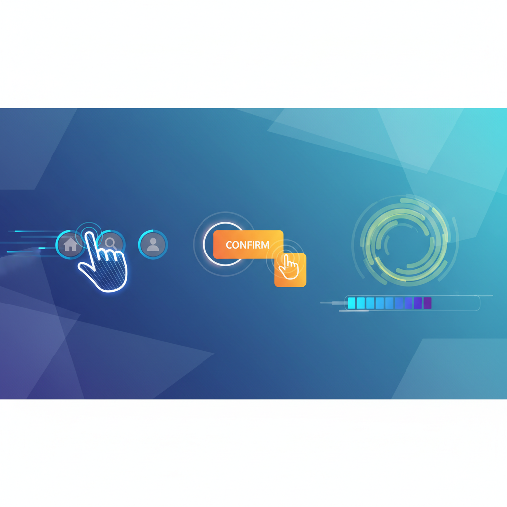 UI design concept showing swipe gestures, button press states, and loading animations with motion blur trails, abstract vector style to show movement