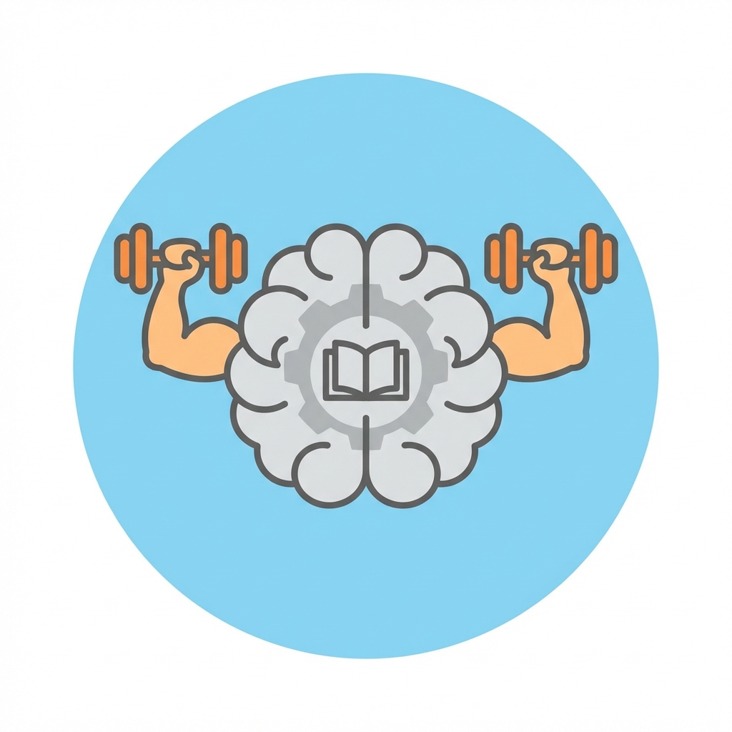 Icon of a brain lifting weights, representing memorization and learning hard concepts, minimal flat design
