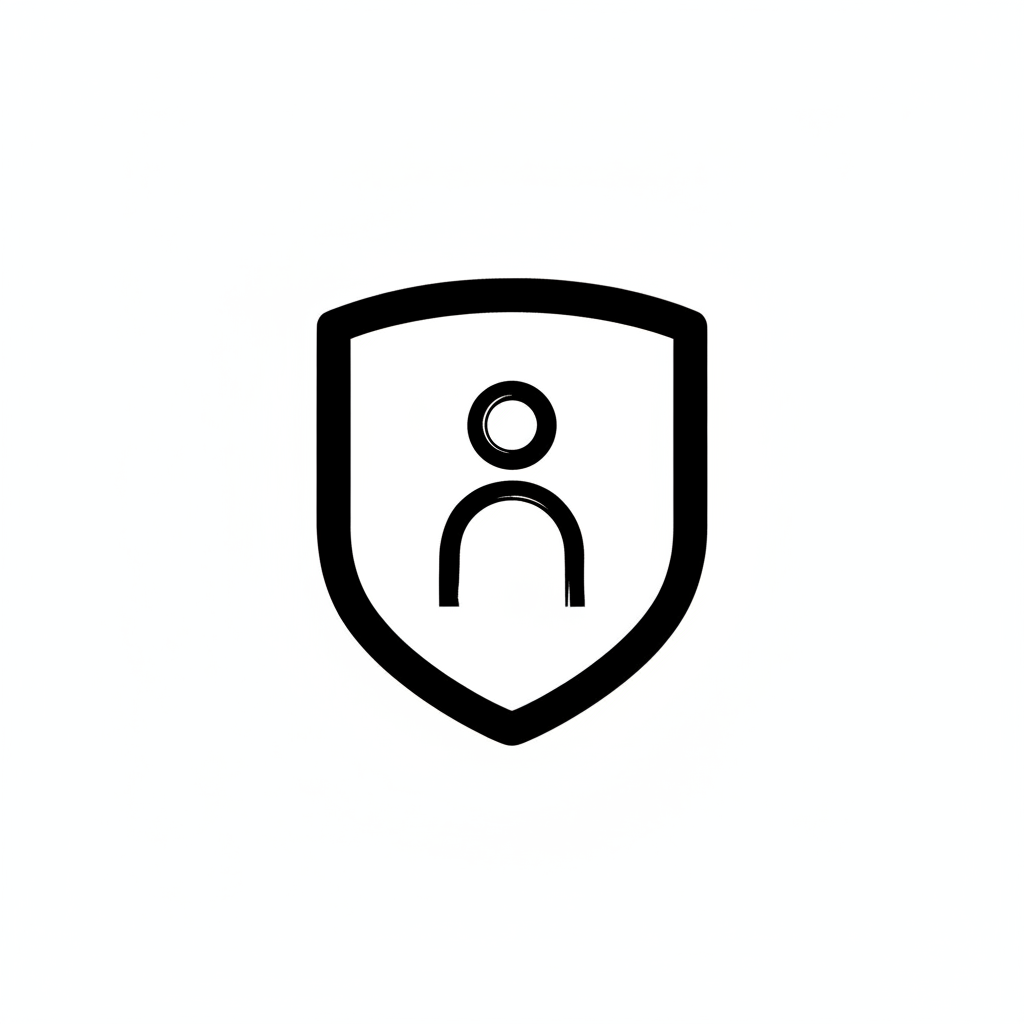 Minimalist icon illustration of a shield protecting a human figure, black ink style on white background