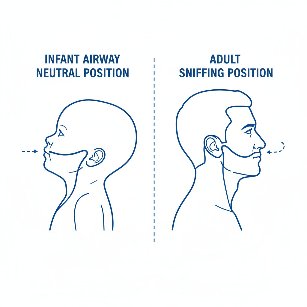 Diagram comparing infant airway neutral position vs adult sniffing position simple blue line drawing medical