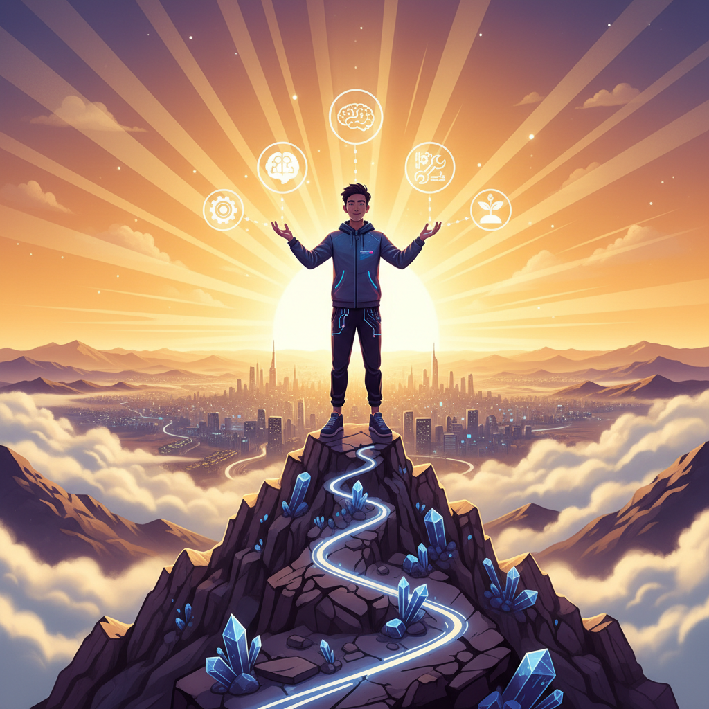 Inspirational illustration of a teenager standing confidently on a mountain peak, looking at a sunrise, metaphor for success and future skills