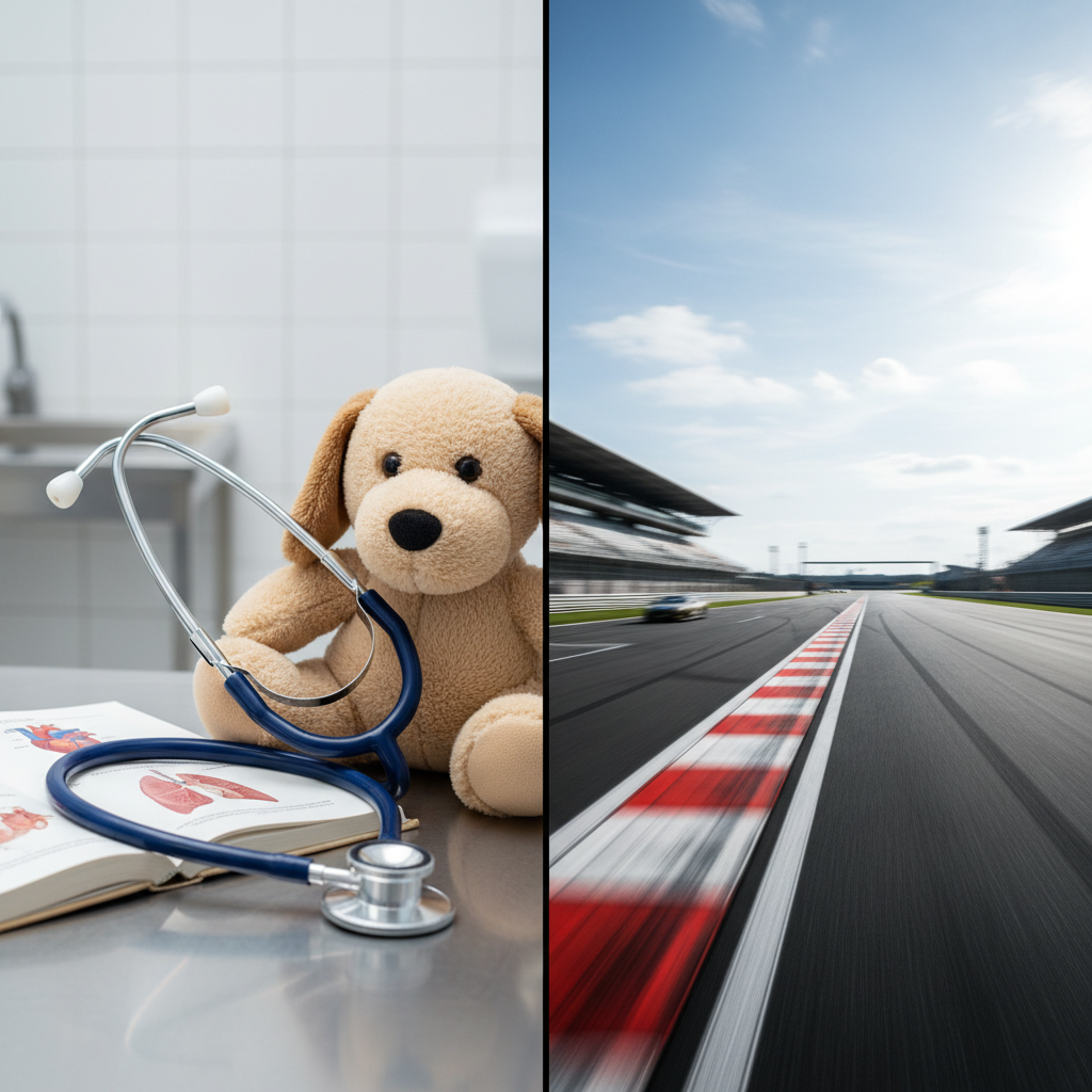 Split composition: left side veterinary stethoscope, right side racing track surface