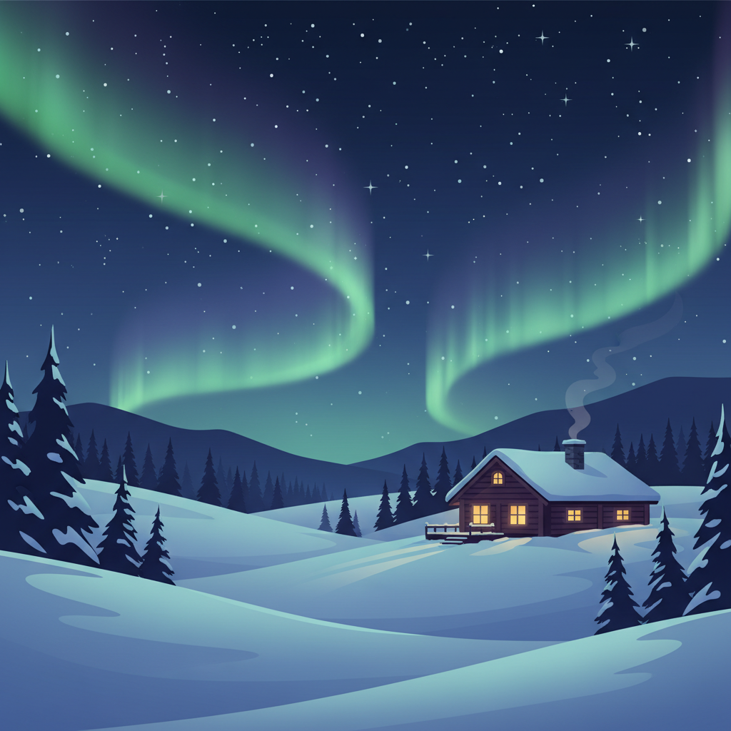 Norwegian winter landscape illustration, deep snow, wooden cabin with lights inside, dark blue sky with stars, northern lights