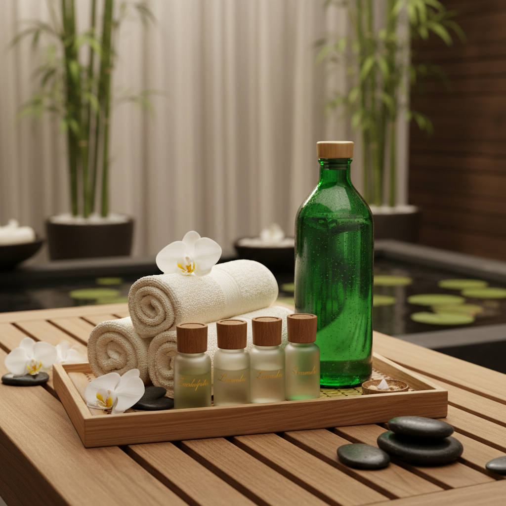 A luxury wellness spa setting, soft towels, essential oils, and an elegant emerald green water bottle on a teak wood tray, zen atmosphere