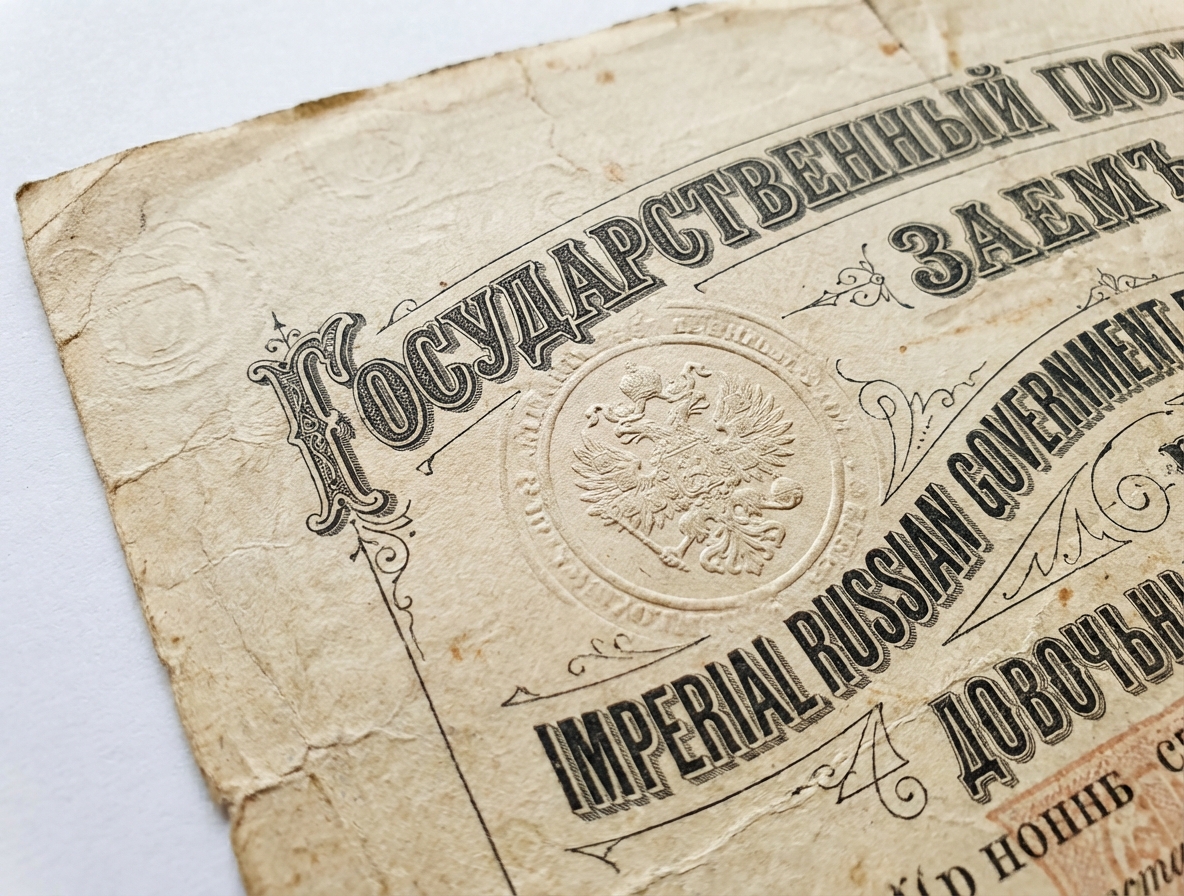 Old 19th century Russian or British government bond certificate, macro photography, detailed texture of paper