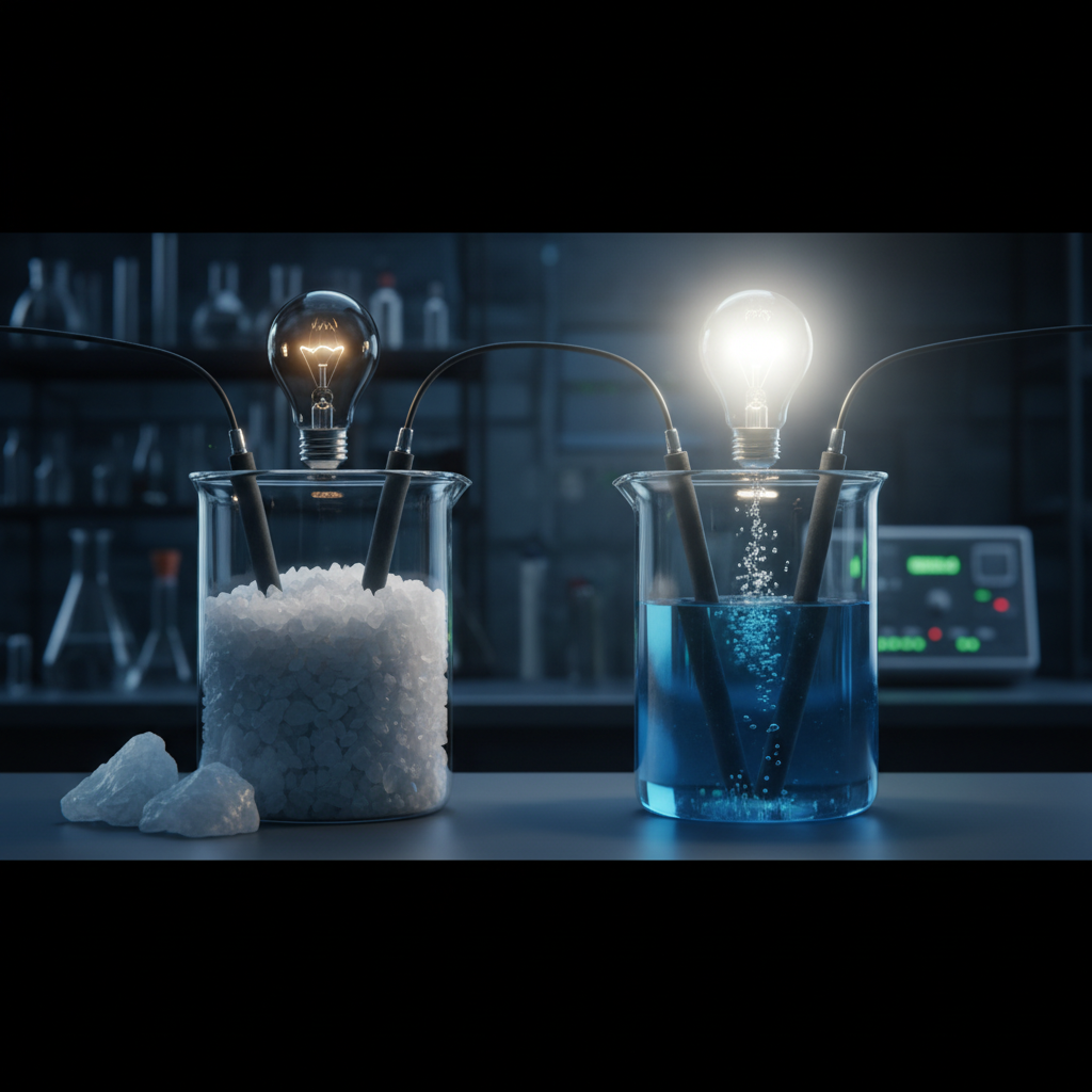 Science visualization of conductivity experiment: Two beakers. One beaker has solid salt crystals and a dark lightbulb. The second beaker has blueish liquid water and a brightly glowing lightbulb connected by electrodes. Dark laboratory style.
