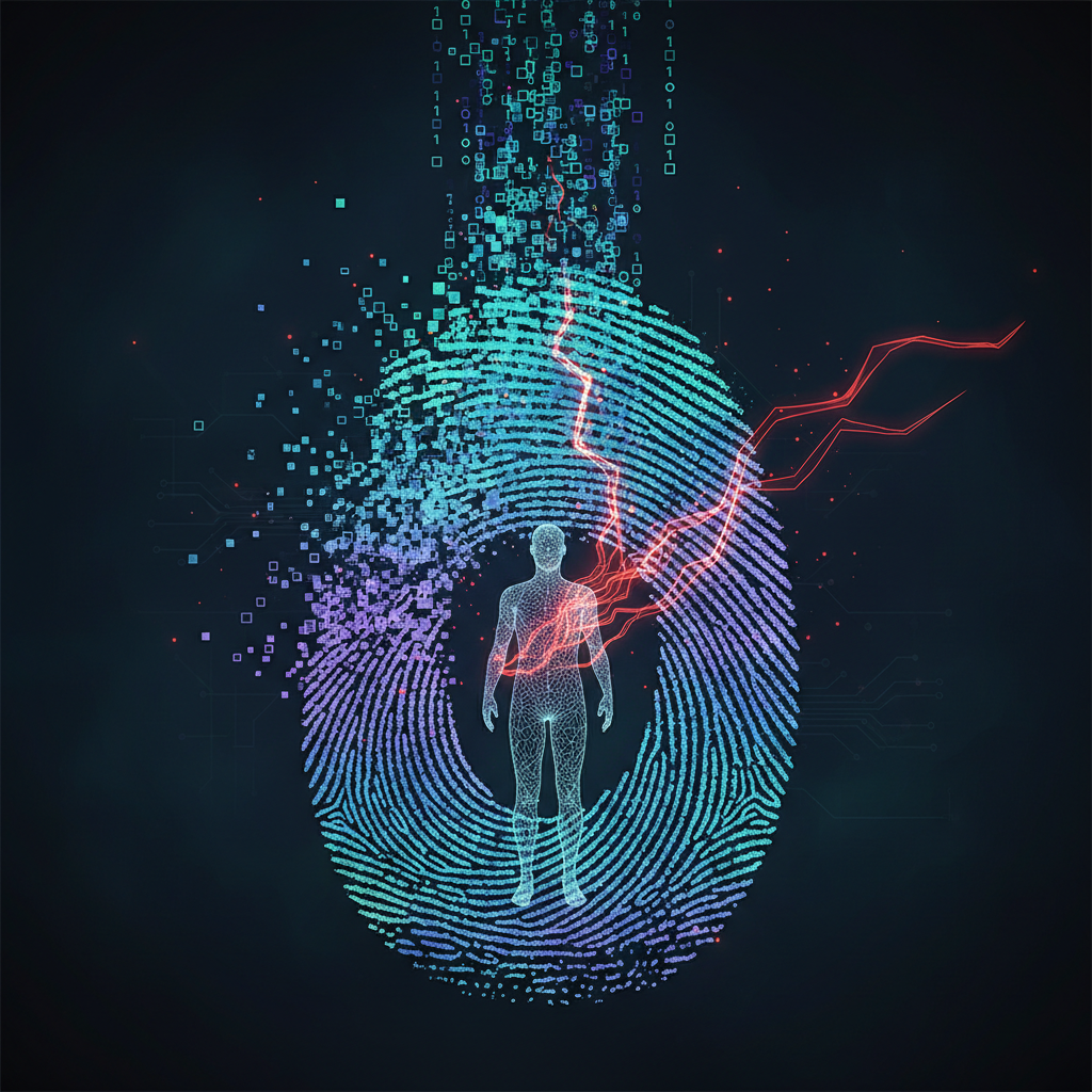 surreal illustration of a fingerprint disintegrating into digital pixels, dark background, conceptual identity theft