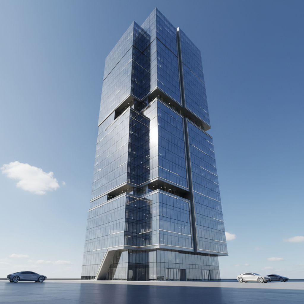 Modern, sleek corporate glass building architecture, low angle view, blue sky, high tech aesthetic, professional photography